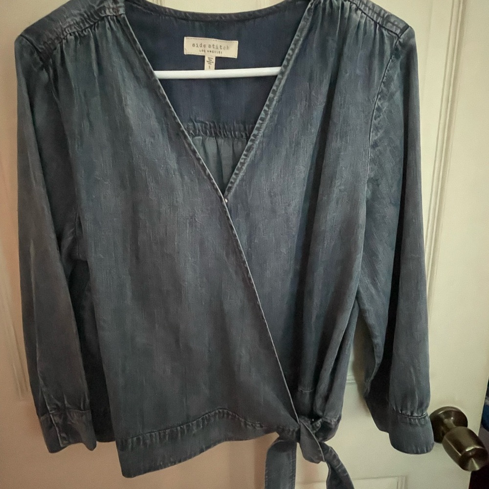 Side Stitch Blue Denim Wrap Blouse with 3/4 Sleeves
